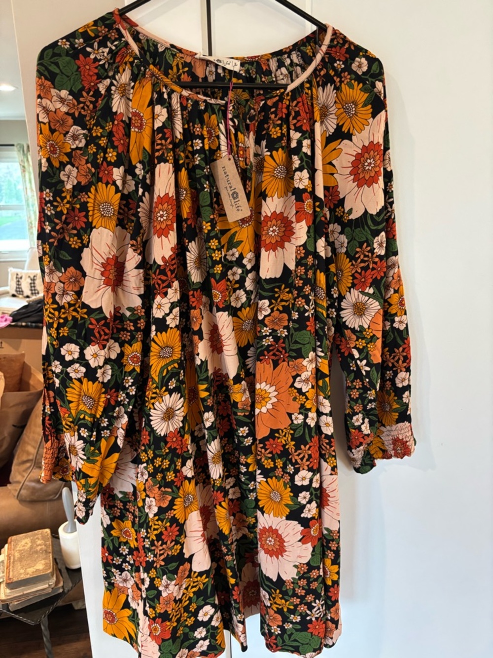 NATURAL LIFE Black Floral Mini Dress with Orange, Yellow & Cream Blooms